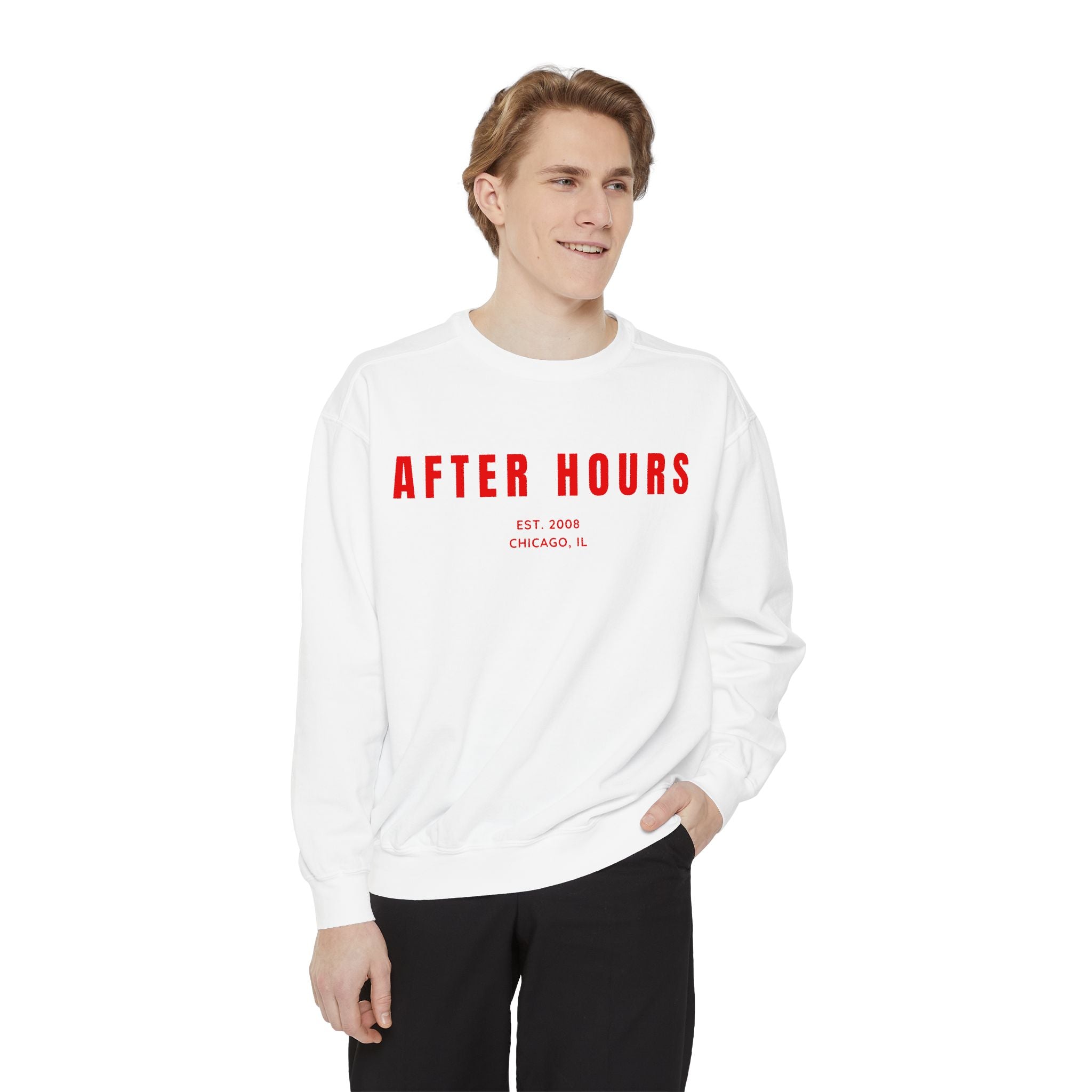 After Hours Sweatshirt — Vintage Red Lettering Cozy Crewneck